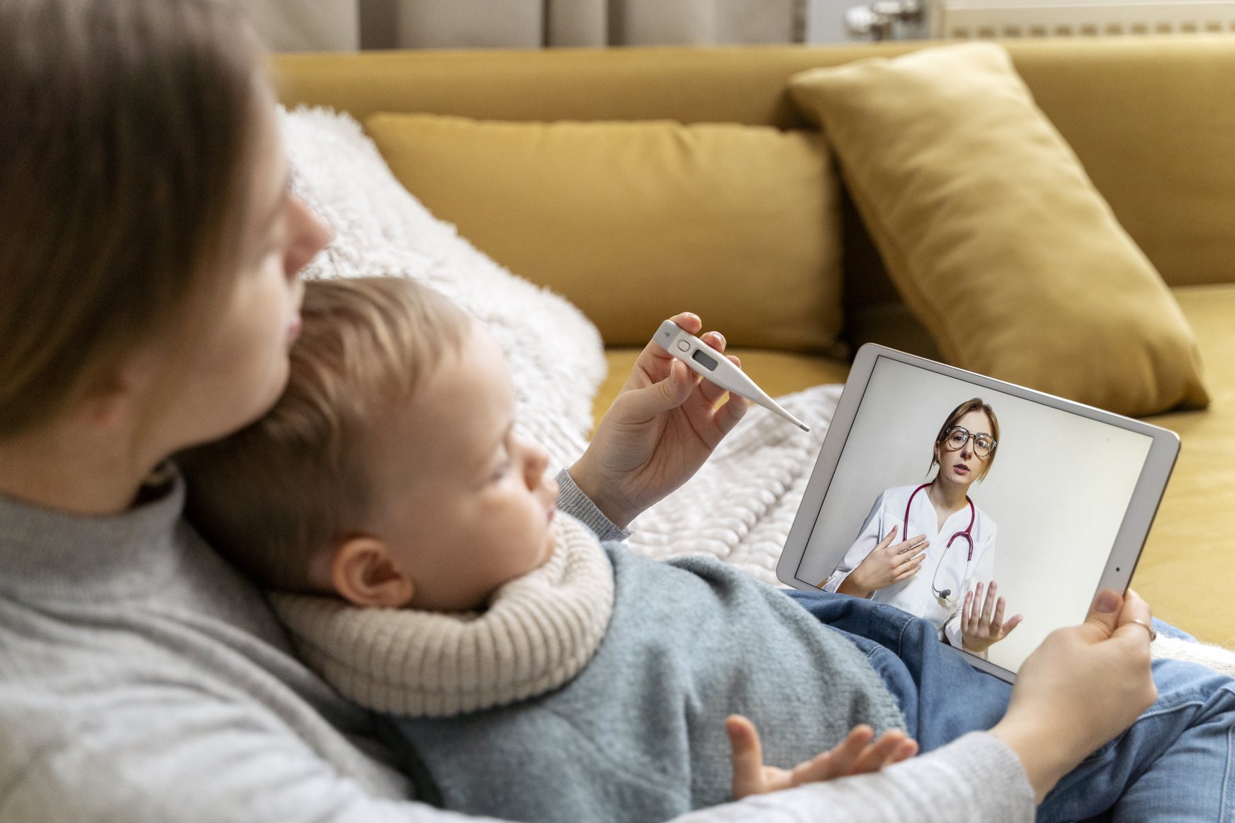 Mamma con il figlio in teleconsulto con la pediatra dal tablet